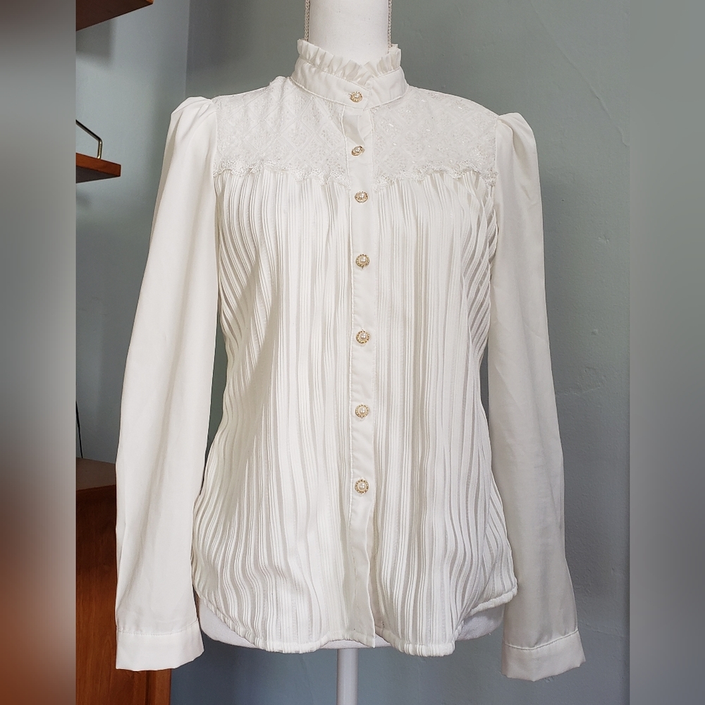 White button-down blouse, high neckline, lace chiffon, size 8
